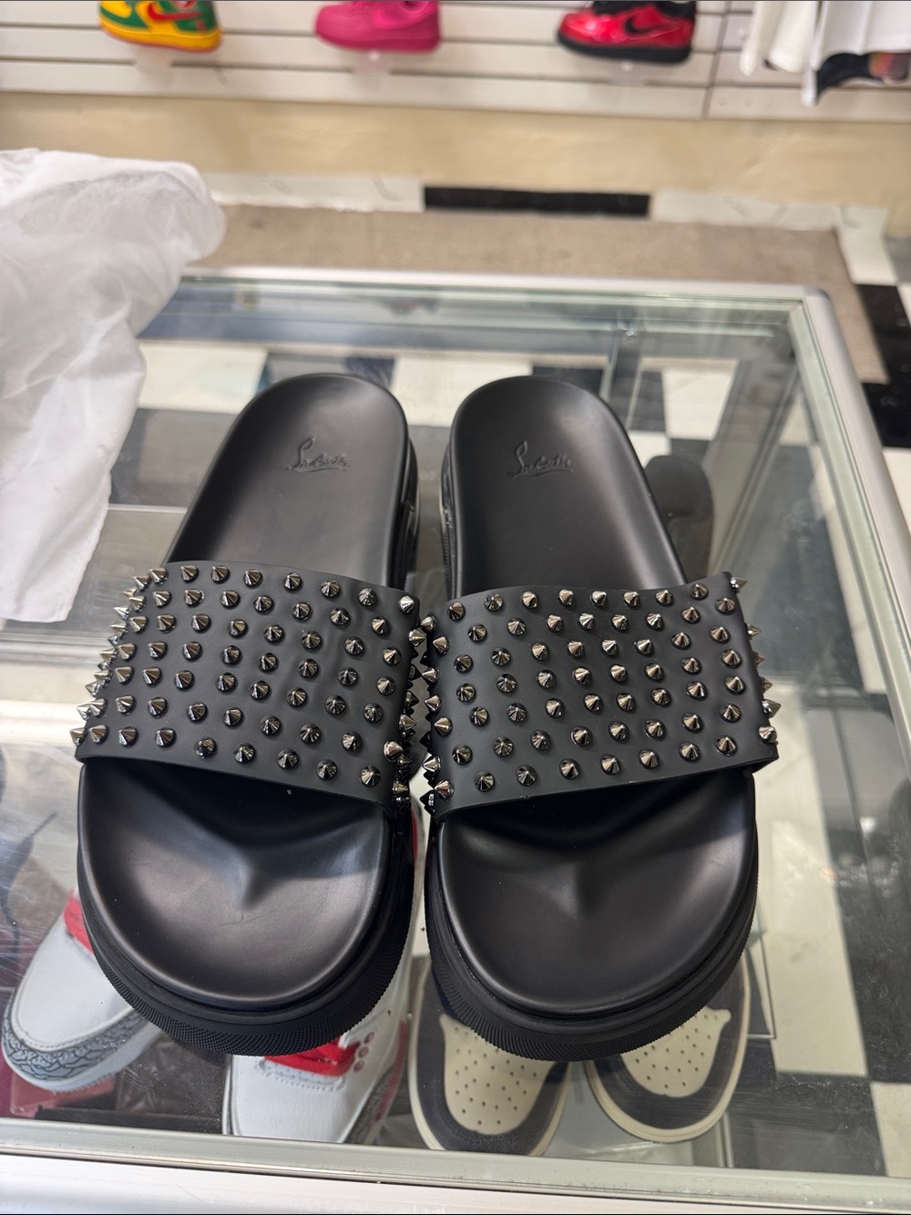 Christian Louboutin Black Studded Slide Sandals with Gunmetal Spikes